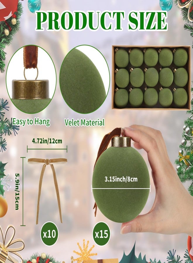 IPOPU 15PCS 3.15" Green Velvet Christmas Balls with 10PCS Velvet Bows Christmas Tree Ornaments Set Flocked Christmas Balls for Xmas Decorative Hanging Ornaments(Green) - Image 2